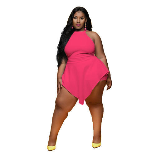 Plus Size Hot Pink Zipper Back Sexy Sleeveless Rompers