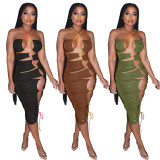 Coffee Lace Up Hollow Out Halter Sexy Club Dress