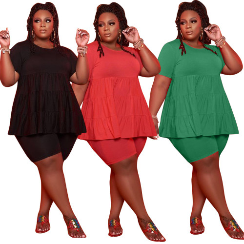 Plus Size Solid Ruffle Loose Top and Biker Shorts 2PCS Set