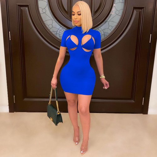 Mock Neck Blue Short Sleeve Hollow Out Sexy Bodycon Club Dress