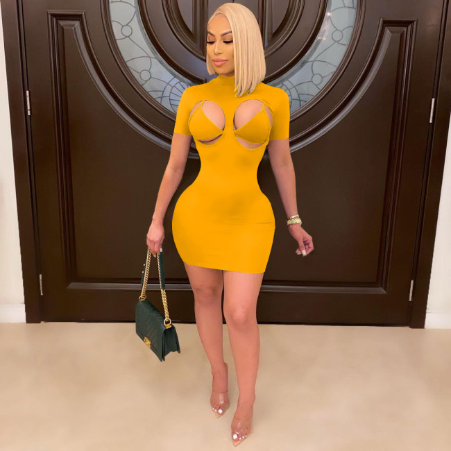 Mock Neck Yellow Short Sleeve Hollow Out Sexy Bodycon Club Dress