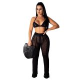 Sexy Lake Blue Hollow Out Knitting Beach 2PCS Cover Up Bra Top and Pants Set