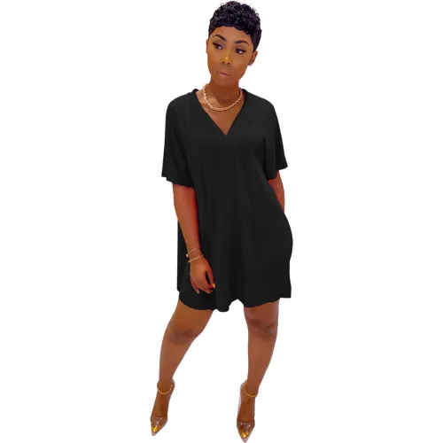 Solid Black V-Neck Slit Top and Shorts 2PCS Matching Set