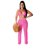 Orange Sexy Hollow Out Knitting Beach 2PCS Cover Up Bra Top and Pants Set