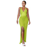 Yellow Knitting V-Neck Halter See Through Maxi Beach Dress Cover Up
