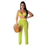 Sexy Lake Blue Hollow Out Knitting Beach 2PCS Cover Up Bra Top and Pants Set