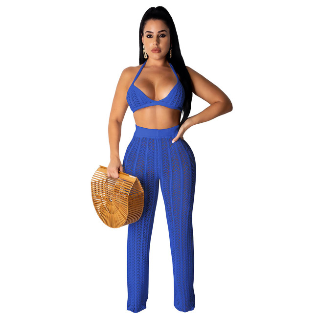 Blue Hollow Out Knitting Beach 2PCS Cover Up Bra Top and Pants Set