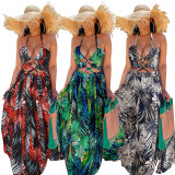 Blue Tropical Print Halter Long Dress