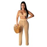 Sexy Green Hollow Out Knitting Beach 2PCS Cover Up Bra Top and Pants Set