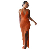 Orange Knitting V-Neck Halter See Through Maxi Beach Dress Cover Up
