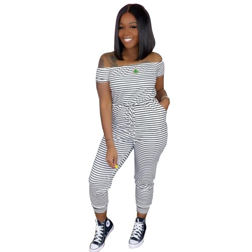 Black & White Stripes Off Shoulder Short Sleeve Casual Jumpsuit