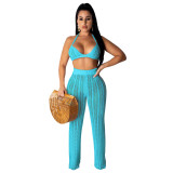 Sexy Lake Blue Hollow Out Knitting Beach 2PCS Cover Up Bra Top and Pants Set