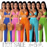 Orange Sexy Hollow Out Knitting Beach 2PCS Cover Up Bra Top and Pants Set