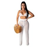 Blue Hollow Out Knitting Beach 2PCS Cover Up Bra Top and Pants Set