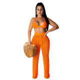 Sexy Green Hollow Out Knitting Beach 2PCS Cover Up Bra Top and Pants Set