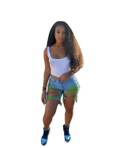 Blue Contrast Ripped Holes Denim Shorts