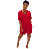 Solid Red V-Neck Slit Top and Shorts 2PCS Matching Set