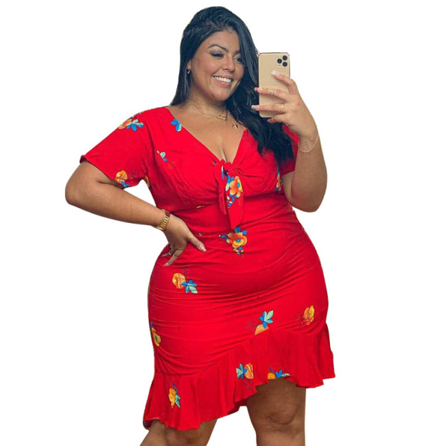 Floral Red Print Plus Size Ruffle Short Sleeve Dress
