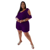 Plus Size Purple Cold Shoulder Casual Loose Rompers