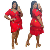 Floral Red Print Plus Size Ruffle Short Sleeve Dress