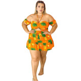 Plus Size Pineapple Print Halter Ruffle Two Piece Skirt Set