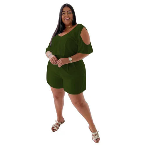 Plus Size Army Green Cold Shoulder Casual Loose Rompers