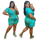 Plus Size Leaf Print Tie Front Casual Jumpsuit