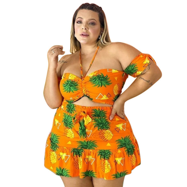 Plus Size Pineapple Print Halter Ruffle Two Piece Skirt Set