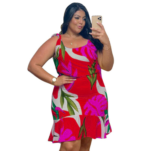 Plus Size Floral Red Sleeveless Mermaid Dress