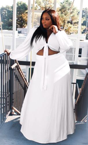 Plus Size White Long Sleeve Crop Top and Skirt 2PCS Set
