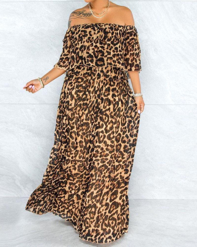 Plus Size Off Shoulder Leopard Loose Long Casual Dress