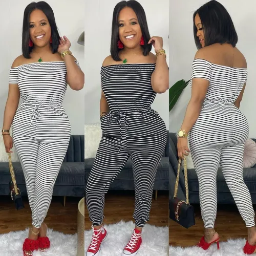 Black & White Stripes Off Shoulder Short Sleeve Casual Jumpsuit