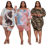 Plus Size Camo Green Casual Two Piece Shorts Set