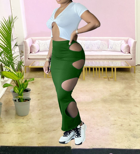 Green Sexy Hollow-Out Bodycon Long Skirt