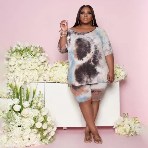 Plus Size Tie Dye Casual Two Piece Shorts Set