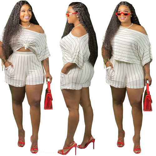 Plus Size Stripes Tee and Shorts Two Piece Set