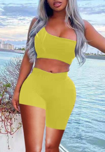 Yellow Bodycon One Shoulder Crop Top and Biker Shorts Set