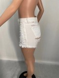 White Sexy High Waist Ripped Tassel Denim Shorts
