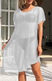 White Hollow Out Short Sleeve Beach Dress CoverUp