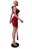 Red Sexy Mesh Halter Bandeau Top and Tied Mini Skirt Set