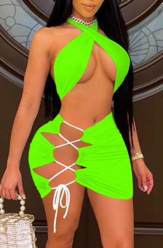Green Sexy Cross Neck Crop Top and Lace Up Mini Skirt Two Piece Set
