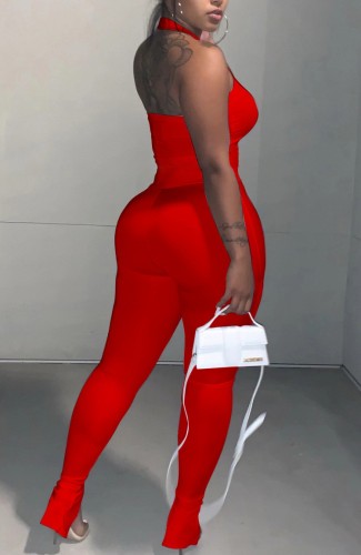 Red Slit Bottom Halter Sexy Tight Jumpsuit