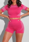 Sports Contrast Pink Crop Top and High Waist Shorts 2PCS Set