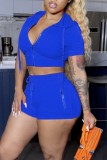 Blue Cropped Hoodie and Shorts Sports 2PCS Set