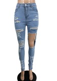 Blue Hollow Out Ripped Holes Tight Jeans