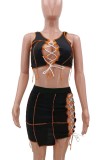 Black Lace Up Sexy Crop Tank Top and Mini Skirt Set