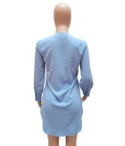 Blue Long Sleeve Deep V Curve Hem Blouse Dress