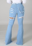 Light Blue High Waist Flare Ripped Tassels Jeans