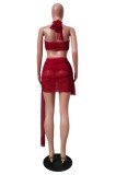 Red Sexy Mesh Halter Bandeau Top and Tied Mini Skirt Set