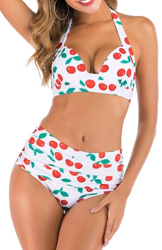 Cherry White Print High Waisted Two Piece Halter Ruched Swimwear